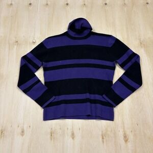 Vintage Worthington Sweater Womens Large Purple Black Striped Turtleneck Knit